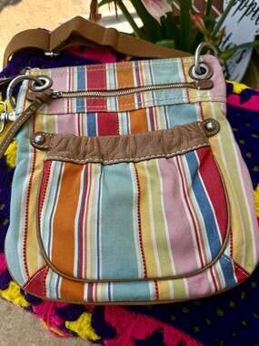 Fossil Multi-Color Striped Canvas Crossbody Shoulder Bag with Leather Trim